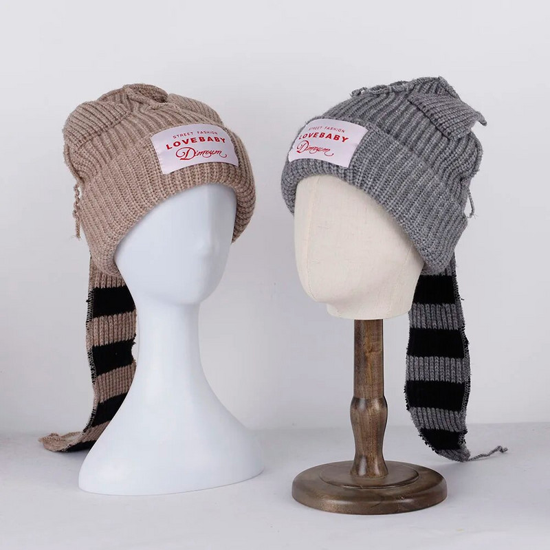 2023. gada jauns modes ziemas skullīši Cute sieviešu lapsas aste Trikotāžas kostīms Beanie Cepures Savienojošas krāsas Dāvana Hip-hop Cepurīte