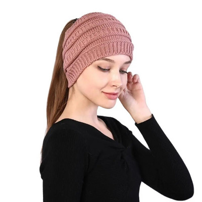 Нова дамска есенно-зимна шапка с шапка с конска опашка Едноцветна дамска разтеглива плетена шапка с шапка на една кука Шапка за жени