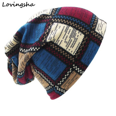 Marca LOVINGSHA Pălării Toamnă Iarnă pentru femei Design în carouri Pălărie pentru femei de culoare contrastantă Skullies And Beanies Pălărie pentru bărbați unisex HT022