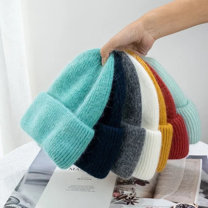 Madingos šiltos kašmyro vilnos kaukolės Angolos triušio kailio žieminės megztos kepuraitės, moteriškos kepuraitės, moteriškos trijų sulenkimų slidinėjimo lauko kepurės