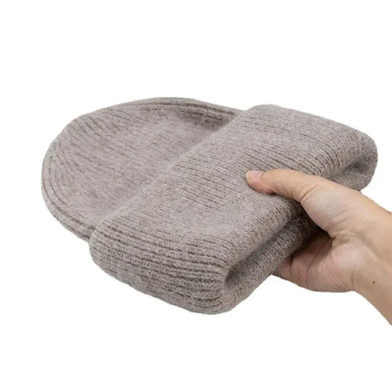 Madingos šiltos kašmyro vilnos kaukolės Angolos triušio kailio žieminės megztos kepuraitės, moteriškos kepuraitės, moteriškos trijų sulenkimų slidinėjimo lauko kepurės