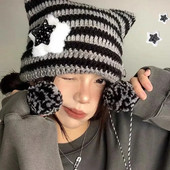 Căciulă tricotată Little Devil Femei Punk Fete Y2K Star Skullies Șapcă de lână cu dungi Dulci pentru urechi de pisică Bonnet Streetwear