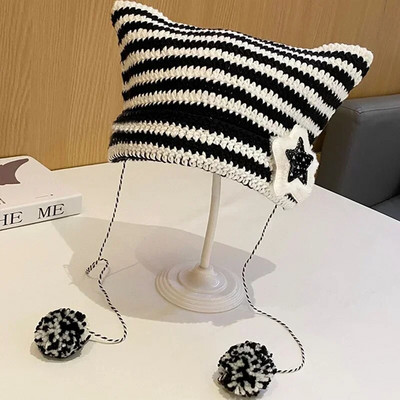 Căciulă tricotată Little Devil Femei Punk Fete Y2K Star Skullies Șapcă de lână cu dungi Dulci pentru urechi de pisică Bonnet Streetwear