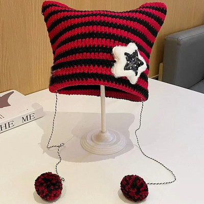 Căciulă tricotată Little Devil Femei Punk Fete Y2K Star Skullies Șapcă de lână cu dungi Dulci pentru urechi de pisică Bonnet Streetwear