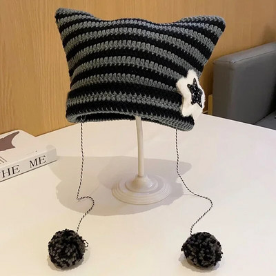 Căciulă tricotată Little Devil Femei Punk Fete Y2K Star Skullies Șapcă de lână cu dungi Dulci pentru urechi de pisică Bonnet Streetwear