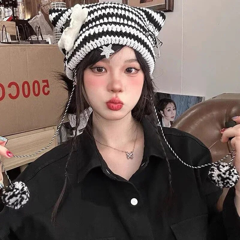 Mazā velna trikotāžas cepure, sieviešu panku meitenes, Y2K zvaigznes, svītrainām vilnas cepures, saldas kaķa ausis, siltākas ielas apģērbs