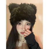 Melnā lāča ausis Truša kažokādas cepure Jauka plīša ietīšanas galvas cepure auksta silta kažokādas cepure Ziemas cepure sievietēm Y2k meitenēm korejiešu cepures trikotāžas cepure