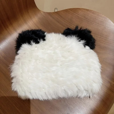 Melnā lāča ausis Truša kažokādas cepure Jauka plīša ietīšanas galvas cepure auksta silta kažokādas cepure Ziemas cepure sievietēm Y2k meitenēm korejiešu cepures trikotāžas cepure