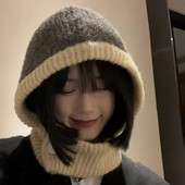 Japāņu retro balaclava cepure ziemas sieviešu šalle cepures komplekts kakla aukstuma necaurlaidīgs silts adīts vāciņš Sieviešu modes krāsu atbilstība sieviešu cepures