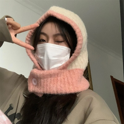 Japāņu retro balaclava cepure ziemas sieviešu šalle cepures komplekts kakla aukstuma necaurlaidīgs silts adīts vāciņš Sieviešu modes krāsu atbilstība sieviešu cepures