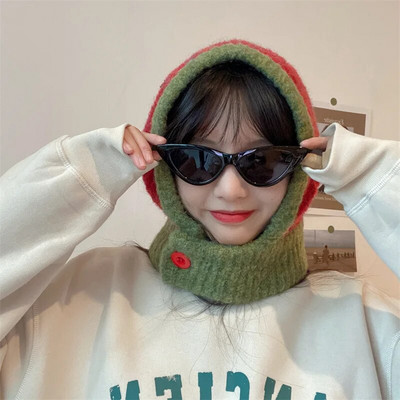 Japāņu retro balaclava cepure ziemas sieviešu šalle cepures komplekts kakla aukstuma necaurlaidīgs silts adīts vāciņš Sieviešu modes krāsu atbilstība sieviešu cepures
