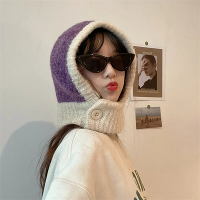 Japāņu retro balaclava cepure ziemas sieviešu šalle cepures komplekts kakla aukstuma necaurlaidīgs silts adīts vāciņš Sieviešu modes krāsu atbilstība sieviešu cepures