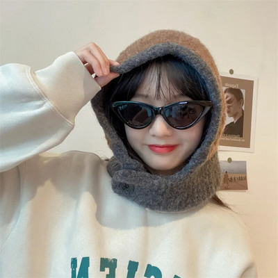 Japāņu retro balaclava cepure ziemas sieviešu šalle cepures komplekts kakla aukstuma necaurlaidīgs silts adīts vāciņš Sieviešu modes krāsu atbilstība sieviešu cepures