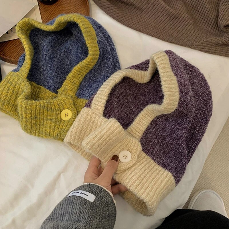 Japāņu retro balaclava cepure ziemas sieviešu šalle cepures komplekts kakla aukstuma necaurlaidīgs silts adīts vāciņš Sieviešu modes krāsu atbilstība sieviešu cepures