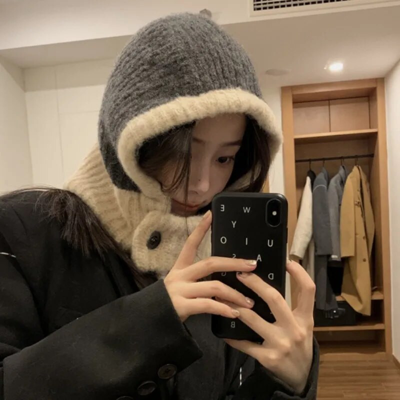 Japāņu retro balaclava cepure ziemas sieviešu šalle cepures komplekts kakla aukstuma necaurlaidīgs silts adīts vāciņš Sieviešu modes krāsu atbilstība sieviešu cepures