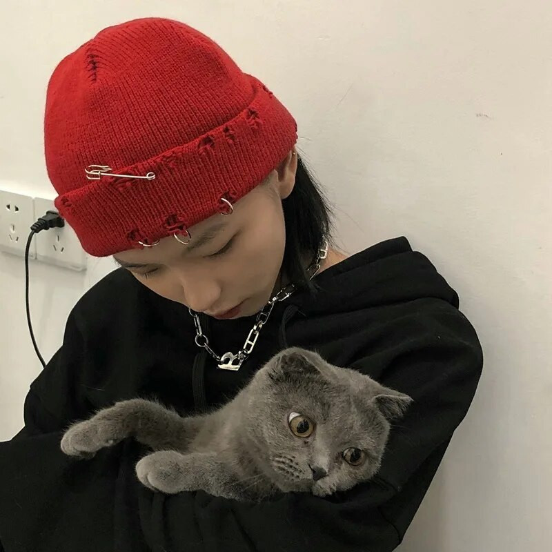 Ühevärviline silmkoeline müts Punk Hip Hop Beanid meestele Naistele Metallist Nõelrõngas Ääristeta Melon Kork Talvine Soe Heegeldatud Kapott Gorras