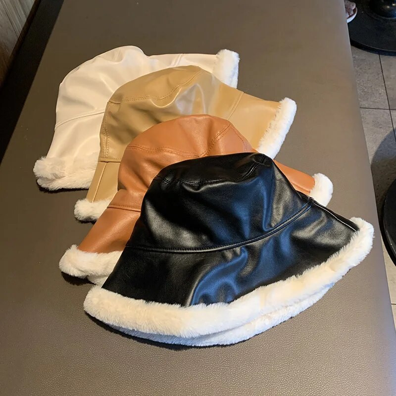 2021. gada rudens ziemas kausa cepures Sieviešu PU ādas Panamas cepure Bieza, silta plīša Zvejnieka cepure, kas paredzēta meitenei gofrēšanas baseina cepure Kapelusz