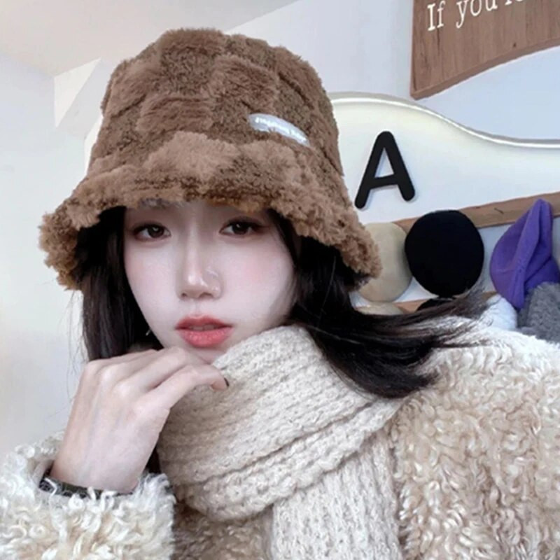 JK korejiešu rūtains plīša bieza, silta kausa cepure sievietēm meitenēm ar platām malām mākslīgās kažokādas zvejniekiem Panamas cepure āra vēja necaurlaidīga baseina cepure