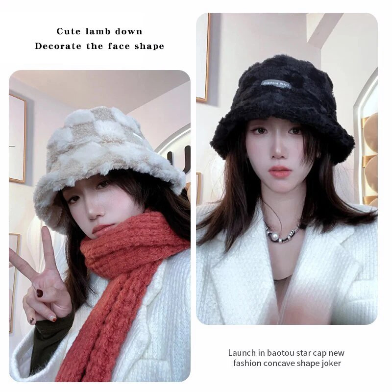 JK korejiešu rūtains plīša bieza, silta kausa cepure sievietēm meitenēm ar platām malām mākslīgās kažokādas zvejniekiem Panamas cepure āra vēja necaurlaidīga baseina cepure