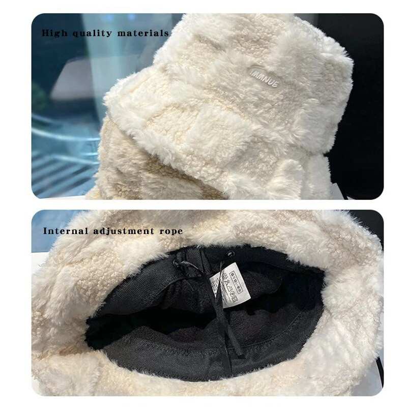 JK korejiešu rūtains plīša bieza, silta kausa cepure sievietēm meitenēm ar platām malām mākslīgās kažokādas zvejniekiem Panamas cepure āra vēja necaurlaidīga baseina cepure