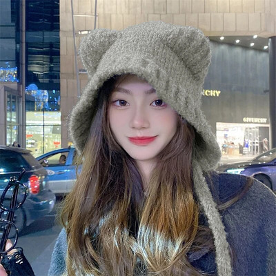 Jauna jauka lāča auss vilnas cepure Ziemas pupiņas, siltas, šņorējamas, ausu aizsargierīces, trikotāžas vāciņš Koreja sievietēm, silts Gorros adīšanas pārsegs