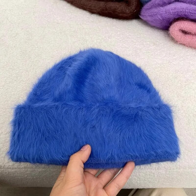 15 krāsu mīkstas truša kažokādas pupiņas Ziemas cepure sievietēm Luksusa pūkaina trikotāžas cepure Kapecs dāma rudens ziemas silts skullies vāciņš
