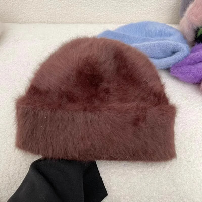 15 krāsu mīkstas truša kažokādas pupiņas Ziemas cepure sievietēm Luksusa pūkaina trikotāžas cepure Kapecs dāma rudens ziemas silts skullies vāciņš