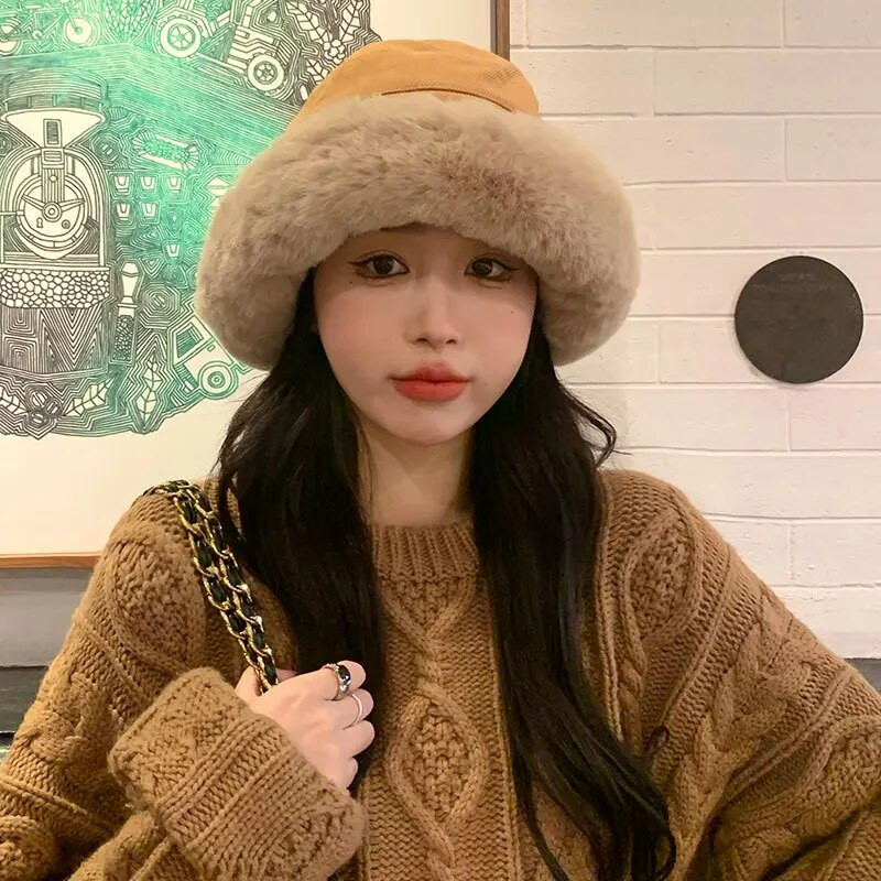 Nauja minkšta sustorėjusi pliušinė žieminė skrybėlė su kibirėliu mados lauke šiltos kepuraitės Žvejo kepurė Mados tendencijos moteriškos nuo vėjo nepraleidžiančios Panamos kepurės