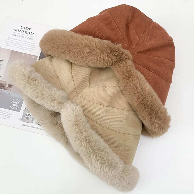 Nauja minkšta sustorėjusi pliušinė žieminė skrybėlė su kibirėliu mados lauke šiltos kepuraitės Žvejo kepurė Mados tendencijos moteriškos nuo vėjo nepraleidžiančios Panamos kepurės