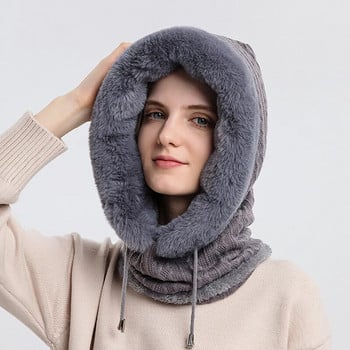 Γυναικεία Slouchy Fleece Beanie κασμίρ Καπέλα από γούνα καπέλα κασκόλ Μάσκα κασκόλ Κορδόνι με ζεστή κουκούλα Πλεκτό καπέλο πουλόβερ χειμωνιάτικο Balaclava