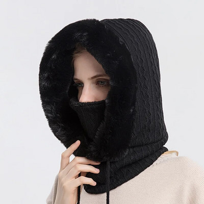 Naiste slouchy fliisist nokamüts kašmiirist karusnahast mütsid Sallmask Pingutusnöör soe kapuutsiga talvine Balaclava Pullover kootud müts