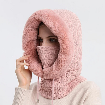 Naiste slouchy fliisist nokamüts kašmiirist karusnahast mütsid Sallmask Pingutusnöör soe kapuutsiga talvine Balaclava Pullover kootud müts