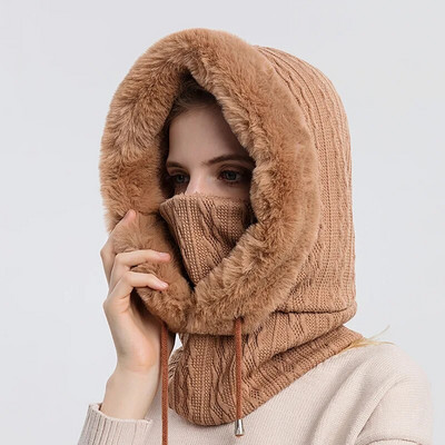 Naiste slouchy fliisist nokamüts kašmiirist karusnahast mütsid Sallmask Pingutusnöör soe kapuutsiga talvine Balaclava Pullover kootud müts