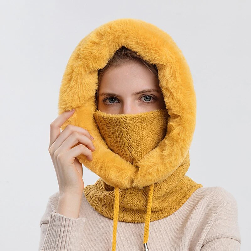 Naiste slouchy fliisist nokamüts kašmiirist karusnahast mütsid Sallmask Pingutusnöör soe kapuutsiga talvine Balaclava Pullover kootud müts