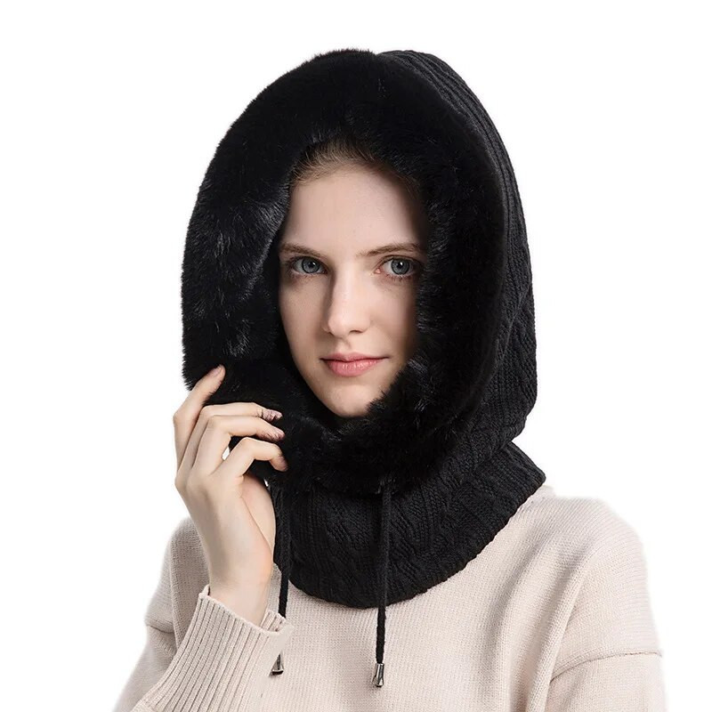 Naiste slouchy fliisist nokamüts kašmiirist karusnahast mütsid Sallmask Pingutusnöör soe kapuutsiga talvine Balaclava Pullover kootud müts