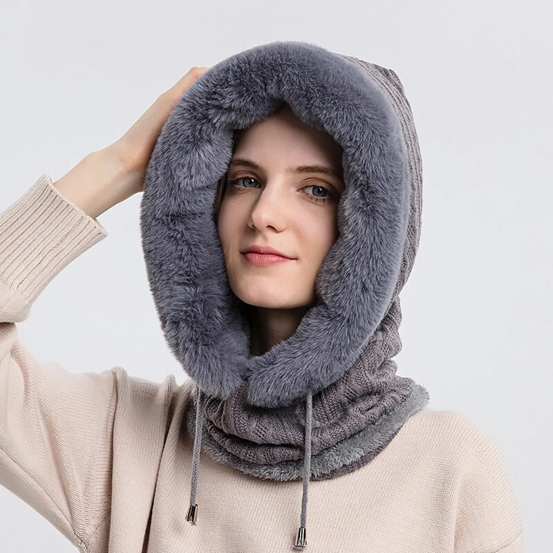 Naiste slouchy fliisist nokamüts kašmiirist karusnahast mütsid Sallmask Pingutusnöör soe kapuutsiga talvine Balaclava Pullover kootud müts