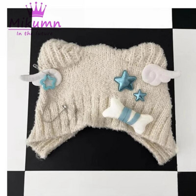 Harajuku Y2k zvijezda plišana pletena kapa od kosti Ženska gotička punk krila anđela crna kapica kapa jesen zima tople kape za zaštitu ušiju