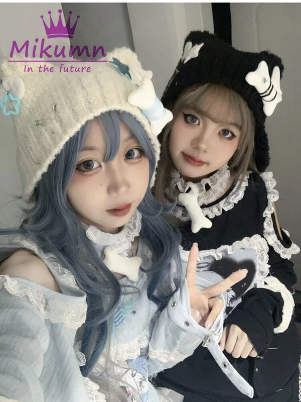 Harajuku Y2k zvijezda plišana pletena kapa od kosti Ženska gotička punk krila anđela crna kapica kapa jesen zima tople kape za zaštitu ušiju