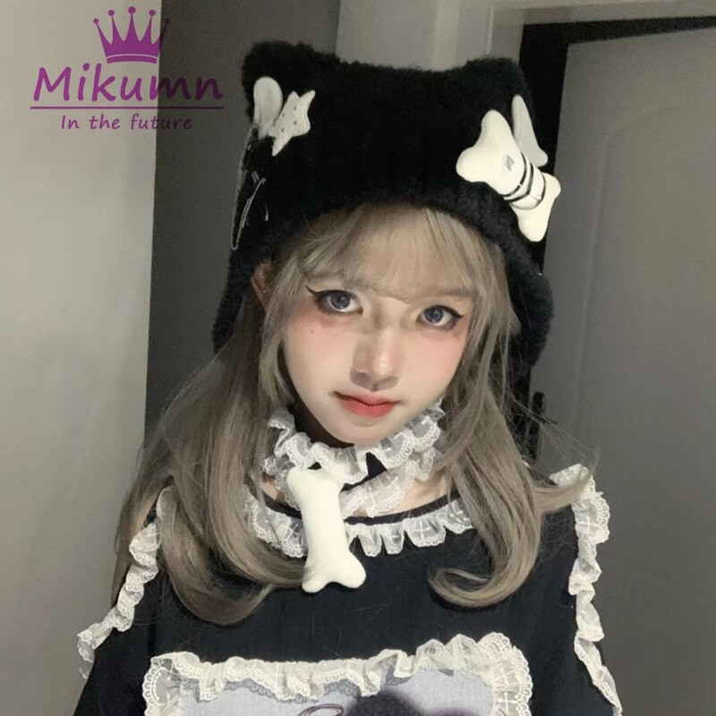 Harajuku Y2k zvijezda plišana pletena kapa od kosti Ženska gotička punk krila anđela crna kapica kapa jesen zima tople kape za zaštitu ušiju