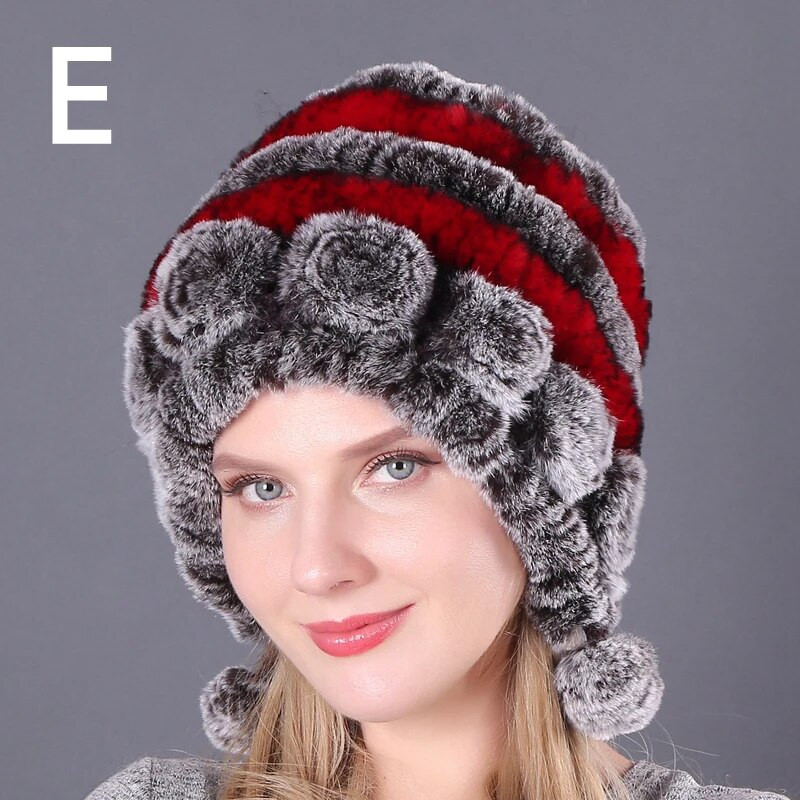 Moteriška kailinė kepurė žiemai Natūralus reksas triušio kepurė Rusų moteriškas kailinis galvos apdangalas Lauko ausis Šiltos gėlės Ausinės Pupelės Kepurės