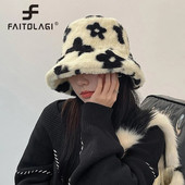 Ziedu plīša kausa cepure sievietēm Mākslīgās kažokādas Zvejnieka cepure Ziemas Bieza Silta Panamas Cepures Mīksta Samtaina Pūkaina Basin Cepure Ziedu Pārsegs