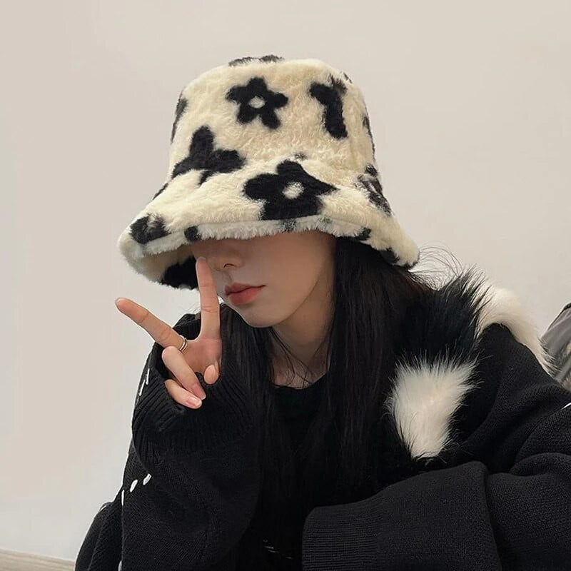 Ziedu plīša kausa cepure sievietēm Mākslīgās kažokādas Zvejnieka cepure Ziemas Bieza Silta Panamas Cepures Mīksta Samtaina Pūkaina Basin Cepure Ziedu Pārsegs