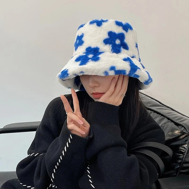 Ziedu plīša kausa cepure sievietēm Mākslīgās kažokādas Zvejnieka cepure Ziemas Bieza Silta Panamas Cepures Mīksta Samtaina Pūkaina Basin Cepure Ziedu Pārsegs