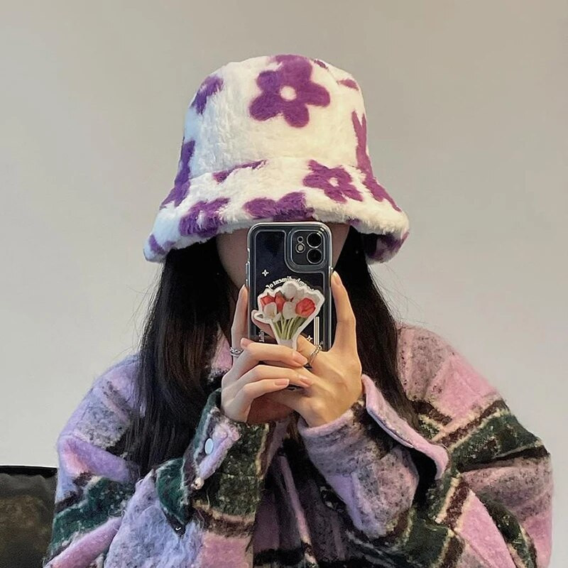 Ziedu plīša kausa cepure sievietēm Mākslīgās kažokādas Zvejnieka cepure Ziemas Bieza Silta Panamas Cepures Mīksta Samtaina Pūkaina Basin Cepure Ziedu Pārsegs