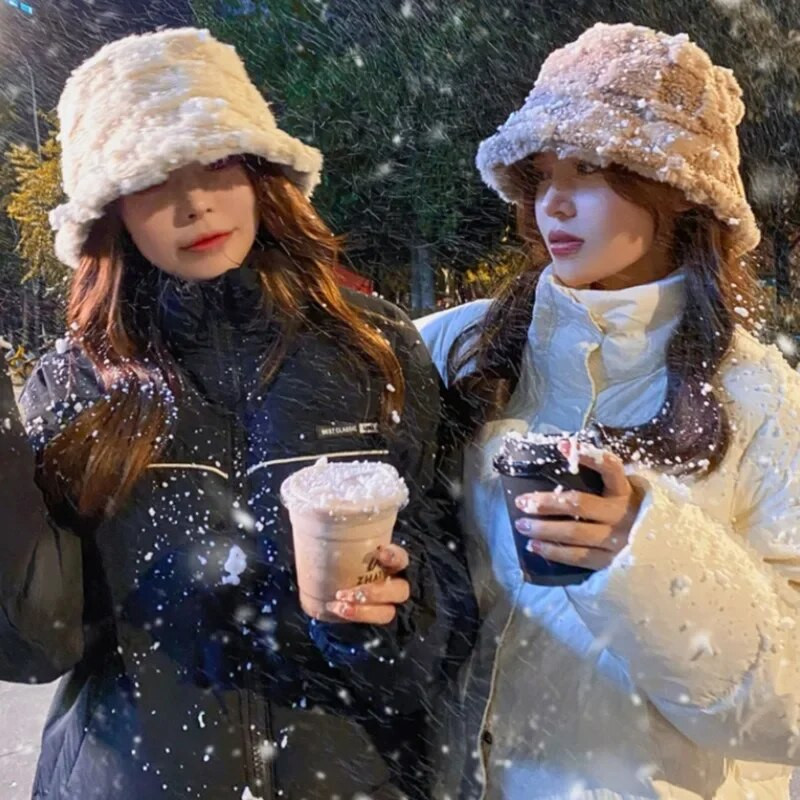 Ėriuko pliušinė žvejo kepurė mergaitei madinga berberų vilnos languota skrybėlė žieminė, atspari šalčiui, stora kepurė lauke, plataus krašto šiluma