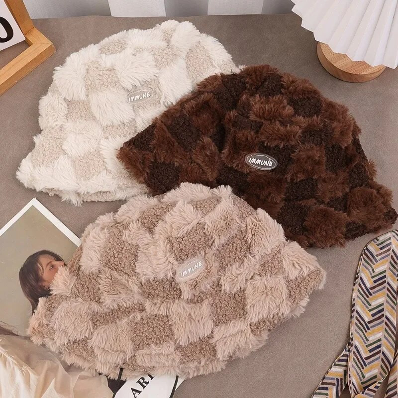 Ėriuko pliušinė žvejo kepurė mergaitei madinga berberų vilnos languota skrybėlė žieminė, atspari šalčiui, stora kepurė lauke, plataus krašto šiluma