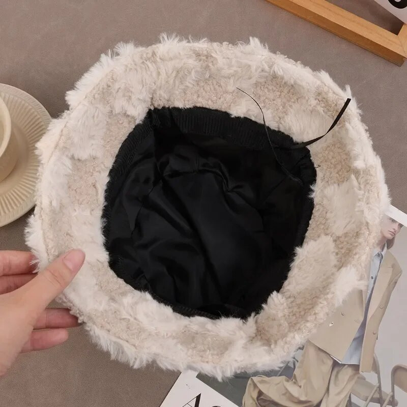 Ėriuko pliušinė žvejo kepurė mergaitei madinga berberų vilnos languota skrybėlė žieminė, atspari šalčiui, stora kepurė lauke, plataus krašto šiluma