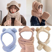 Jauns Cute Bear Ausu Cepure Šalle Cimdi Komplekts Ziemai Sievietēm Vīrieši Pupiņas Cepures Siltas Ikdienišķas Plīša Cepures Ikdienišķas Solīdas Flīša Meitenes Dāvana
