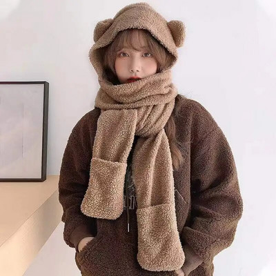 Jauns Cute Bear Ausu Cepure Šalle Cimdi Komplekts Ziemai Sievietēm Vīrieši Pupiņas Cepures Siltas Ikdienišķas Plīša Cepures Ikdienišķas Solīdas Flīša Meitenes Dāvana