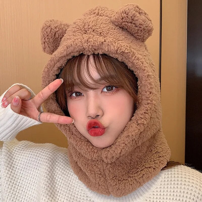 Jauns Cute Bear Ausu Cepure Šalle Cimdi Komplekts Ziemai Sievietēm Vīrieši Pupiņas Cepures Siltas Ikdienišķas Plīša Cepures Ikdienišķas Solīdas Flīša Meitenes Dāvana